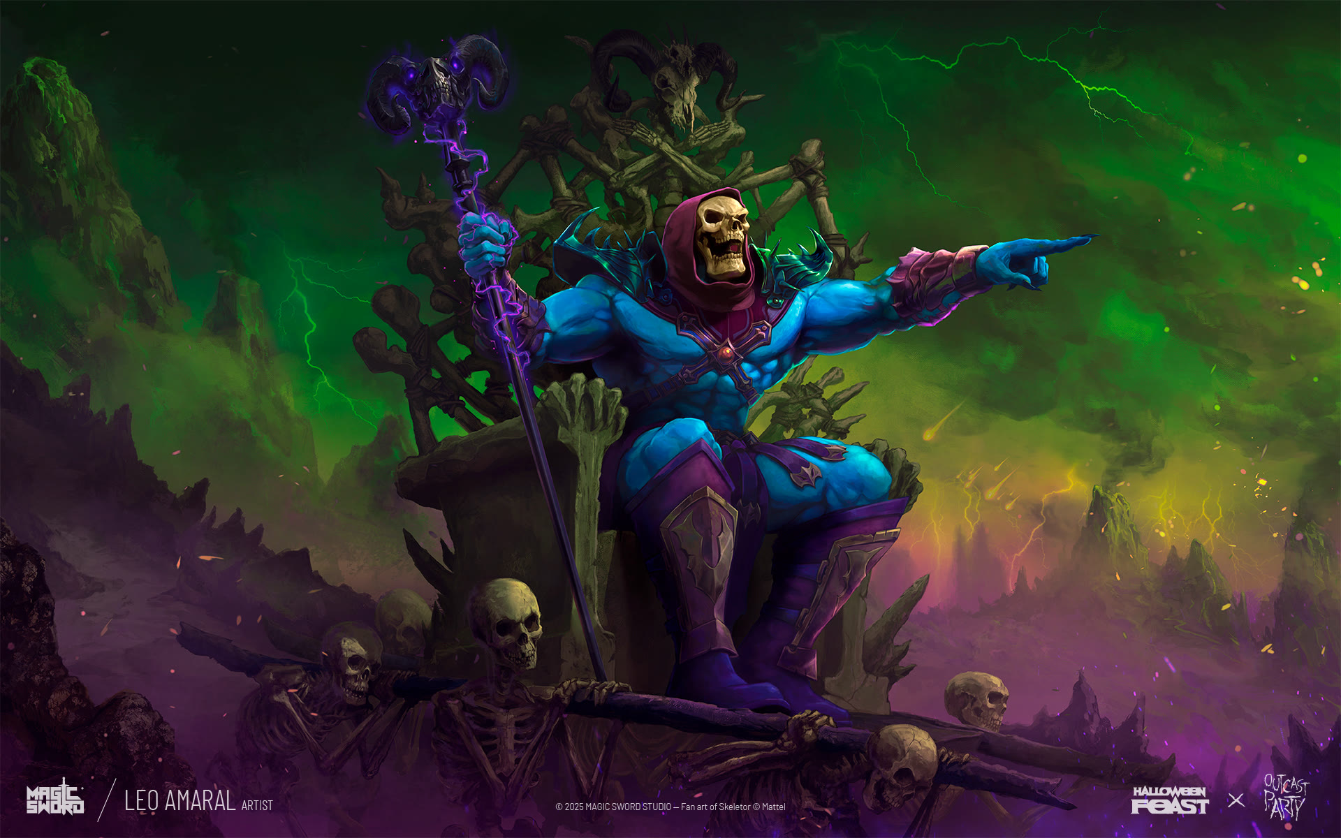 Skeletor from Masters of the Universe, fan art trading card illustrated by Léo Amaral for Halloween Feast 2025: Outcast Party by Magic Sword Studio